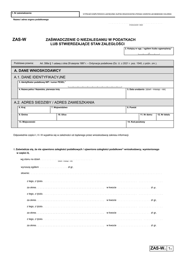 ZAS-W (5) (archiwalny) Zaświadczenie o niezaleganiu w podatkach lub stwierdzające stan zaległości