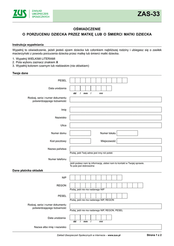 ZUS ZAS-33 (archiwalny) Oświadczenie o porzuceniu dziecka przez matkę lub o śmierci matki dziecka - z wysyłką do PUE ZUS