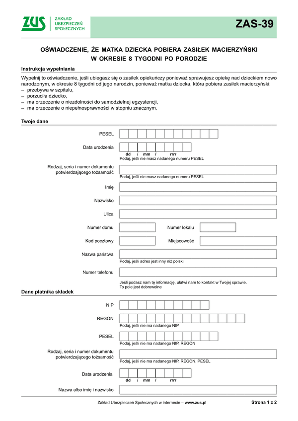 ZUS ZAS-39 Oświadczenie, że matka dziecka pobiera zasiłek macierzyński w okresie 8 tygodni po porodzie - z wysyłką do PUE ZUS