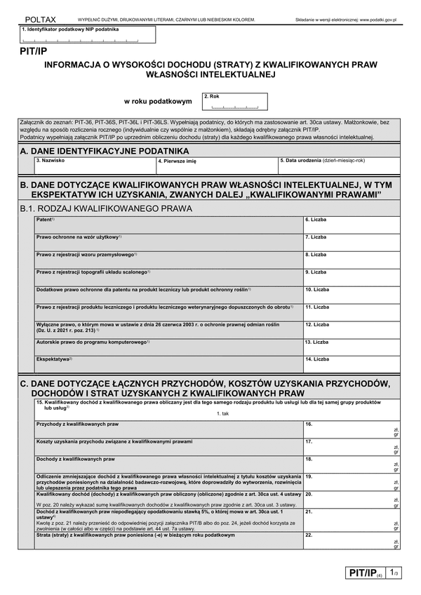 PIT/IP (4) (archiwalny) (2022) Informacja o wysokości dochodu (poniesionej straty) z kwalifikowanych praw własności intelektualnej