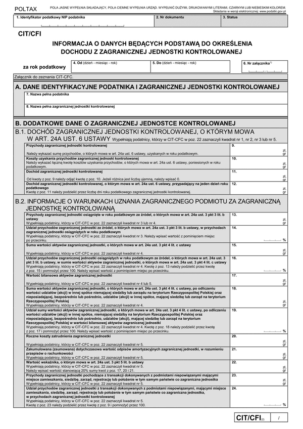 CIT/CFI (2) (archiwalny) Informacja o danych będących podstawą do określenia dochodu z zagranicznej jednostki kontrolowanej