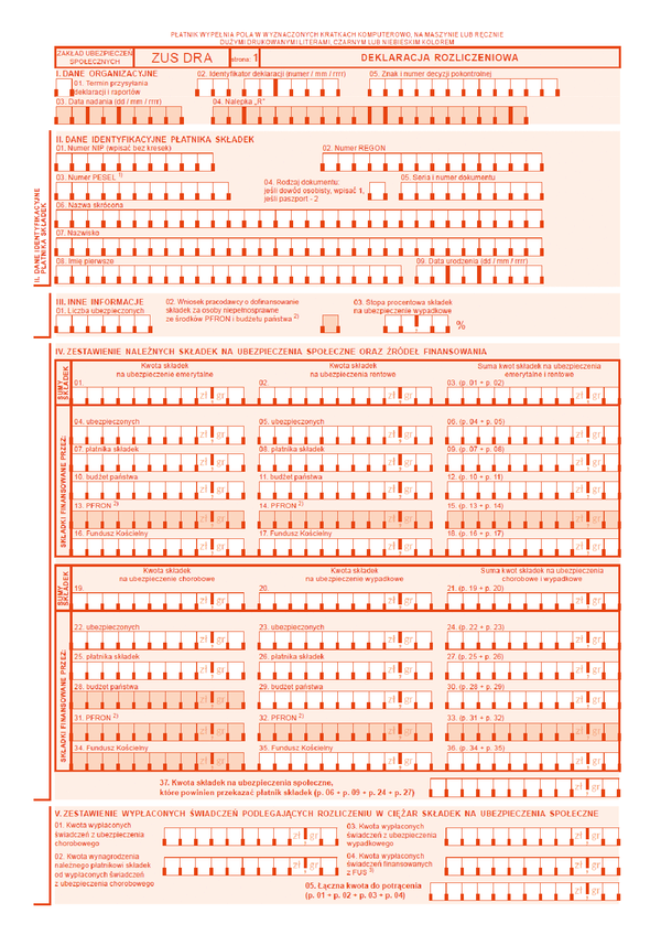 ZUS DRA  (archiwalny) Deklaracja rozliczeniowa - wersja papierowa