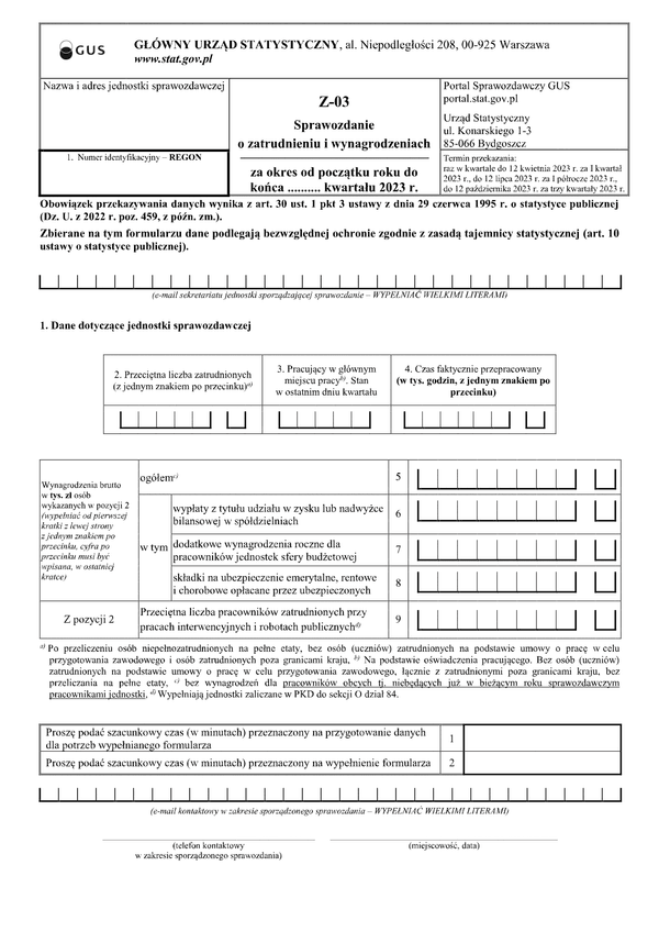 GUS Z-03 (2023) (archiwalny) Sprawozdanie o zatrudnieniu i wynagrodzeniach