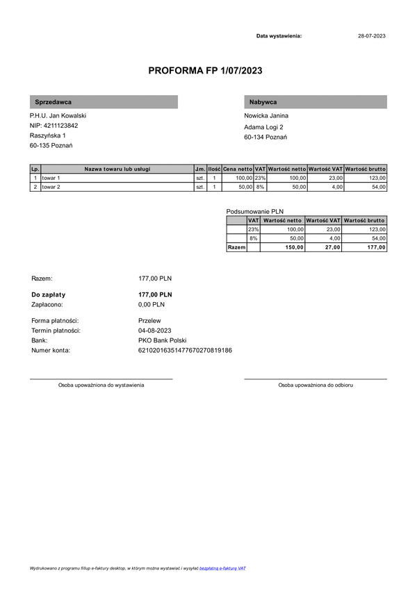 FP Faktura proforma (zgodna z KSeF)