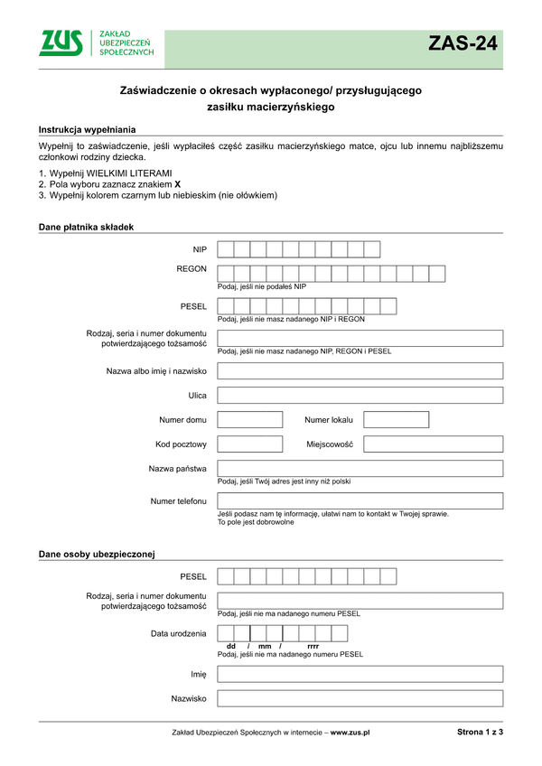 ZUS ZAS-24 Zaświadczenie o okresach wypłacanego/ przysługującego zasiłku macierzyńskiego