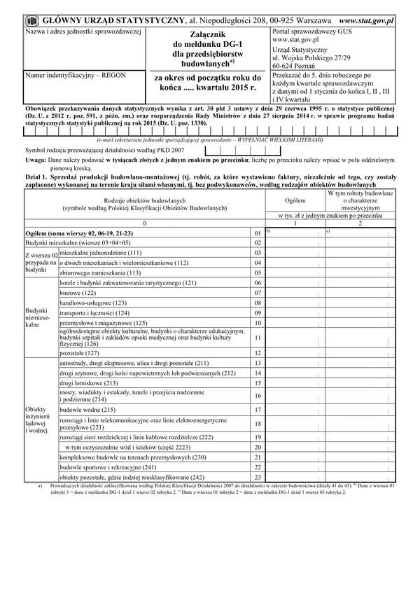 GUS DG-1 ZAŁ (2015) (archiwalny) Załącznik do meldunku DG-1 dla przedsiębiorstw budowlanych