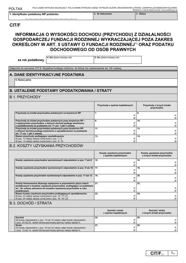 CIT/F (1) Informacja o wysokości dochodu (przychodu) z działalności gospodarczej w fundacji rodzinnej wykraczający poza zakres art. 5 ustawy o fundacji rodzinnej oraz podatku dochodowego od osób prawnych