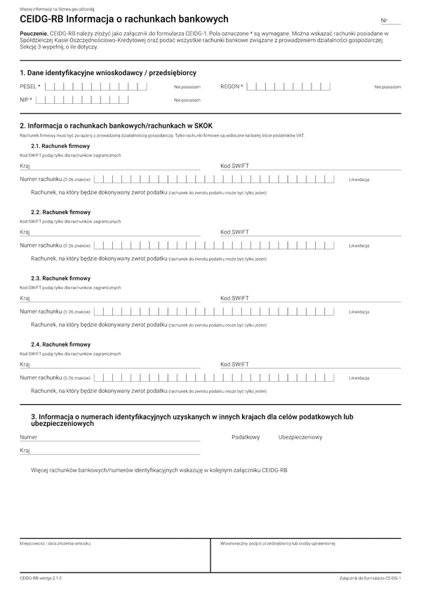 CEIDG-RB (3.0) Informacja o rachunkach bankowych