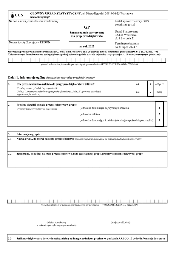 GUS GP (2023) Sprawozdanie statystyczne dla grup przedsiębiorstw za rok 2023