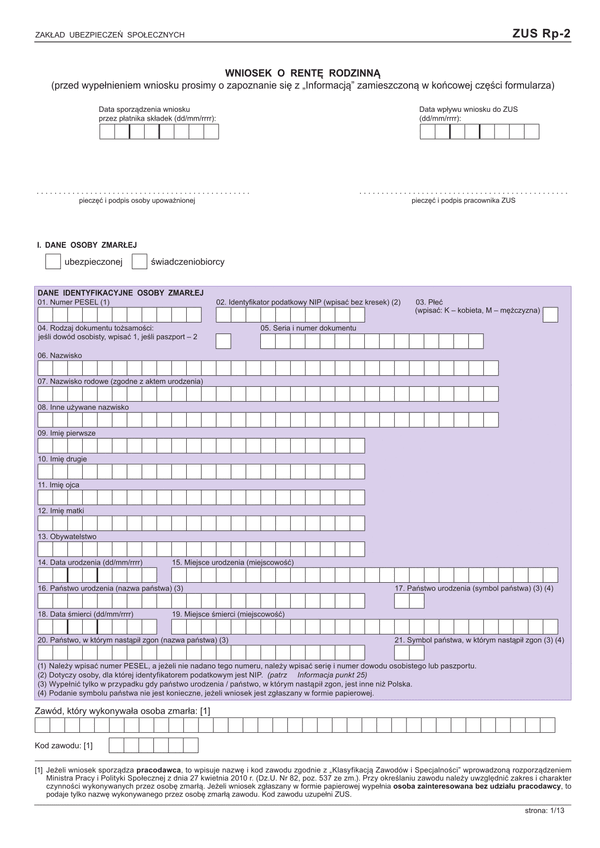 ZUS Rp-2  (archiwalny) (od 2015) Wniosek o rentę rodzinną