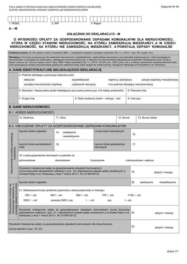 A - M (archiwalny) Załącznik do deklaracji D - M o wysokości opłaty za gospodarowanie odpadami komunalnymi, która w części stanowi nieruchomość zamieszkałą, a w części nieruchomość niezamieszkałą - Warszawa