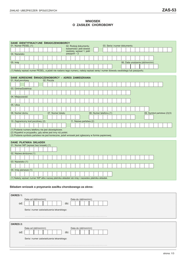 ZUS ZAS-53 (archiwalny) Wniosek o zasiłek chorobowy