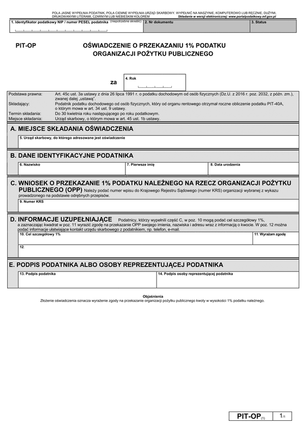 PIT-OP (archiwalny) (2018) Oświadczenie o przekazaniu 1% podatku Organizacji Pożytku Publicznego (PIT-40A) 