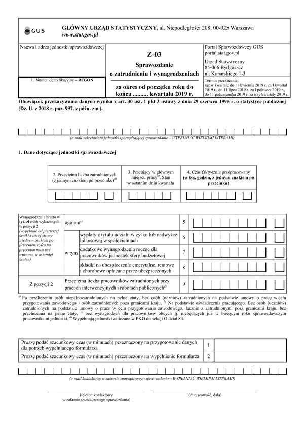 GUS Z-03 (2019) (archiwalny) Sprawozdanie o zatrudnieniu i wynagrodzeniach