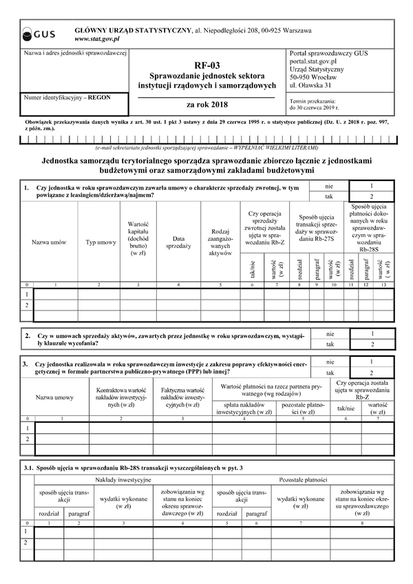 GUS RF-03 (2018) (archiwalny) Sprawozdanie jednostek sektora instytucji rządowych i samorządowych