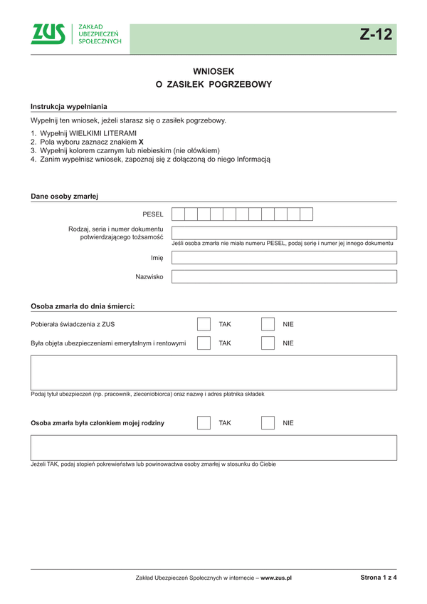 ZUS Z-12 (archiwalny) Wniosek o wypłatę zasiłku pogrzebowego 