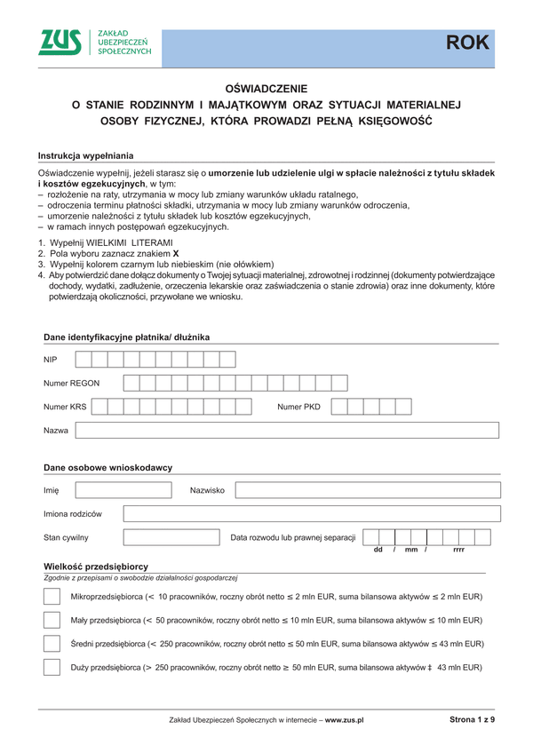 ZUS ROK Oświadczenie o stanie rodzinnym i majątkowym oraz sytuacji materialnej osoby fizycznej prowadzącej pełną księgowość