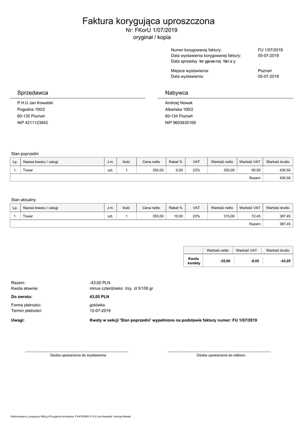 FKorU Faktura korygująca uproszczona