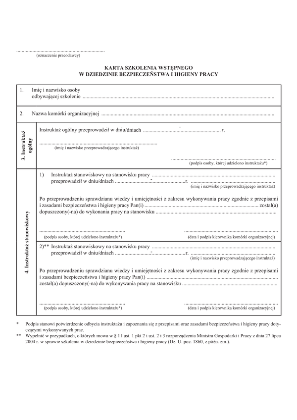 KSW-BHP Karta szkolenia wstępnego w dziedzinie bezpieczeństwa i higieny pracy