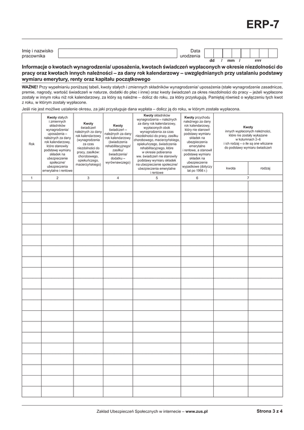 ZUS ERP-7 Inf (archiwalny) Informacja do zaświadczenia o zatrudnieniu i wynagrodzeniu