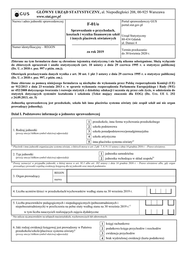GUS F-01/o (archiwalny) (2019) Sprawozdanie o przychodach, kosztach i wyniku finansowym szkół i innych placówek oświatowych za rok 2019