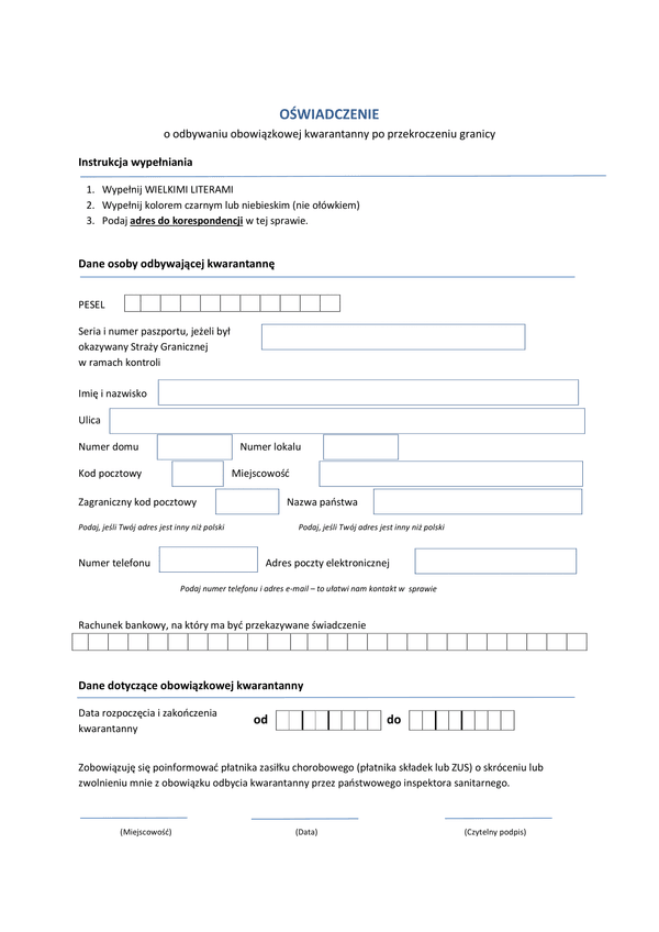 OoOK (archiwalny) (Covid-19 koronawirus) Oświadczenie o odbywaniu obowiązkowej kwarantanny po przekroczeniu granicy