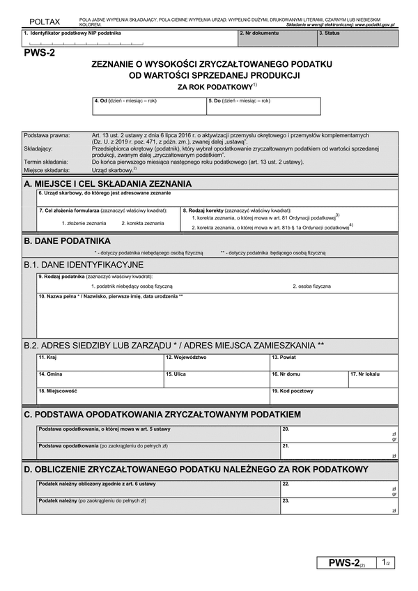 PWS-2 (2) Zeznanie o wysokości zryczałtowanego podatku od wartości sprzedanej produkcji