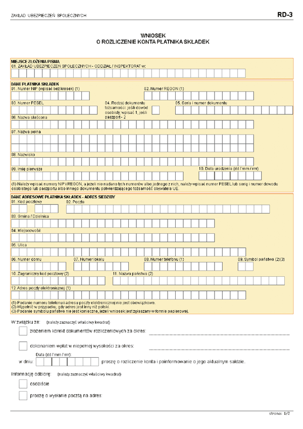 ZUS RD-3 (archiwalny) Wniosek o informację o stanie konta płatnika składek 