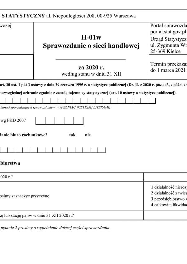 GUS H-01w (2020) (archiwalny) Sprawozdanie o sieci handlowej według stanu w dniu 31 XII 2020 r.