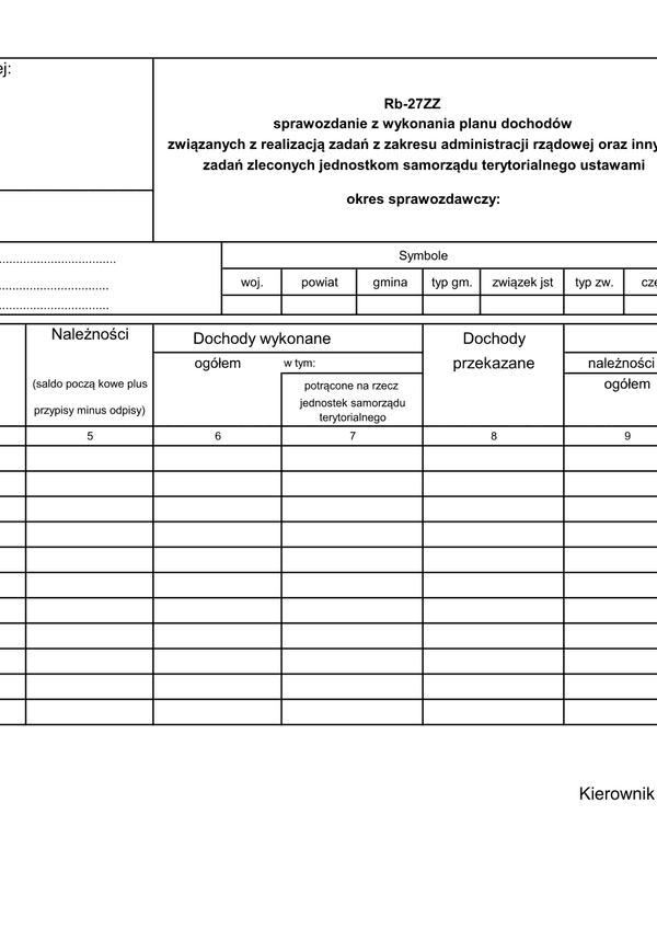Rb-27ZZ Sprawozdanie z wykonania planu dochodów związanych z realizacją zadań z zakresu administracji rządowej oraz innych zadań zleconych jednostkom samorządu terytorialnego ustawami
