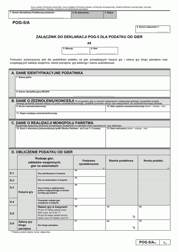 POG-5/A (1) (archiwalny) Załącznik do deklaracji POG-5 dla podatku od gier