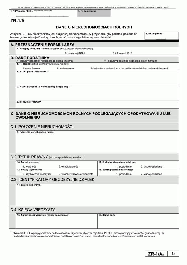 ZR-1/A (2) (archiwalny) Dane o nieruchomościach rolnych