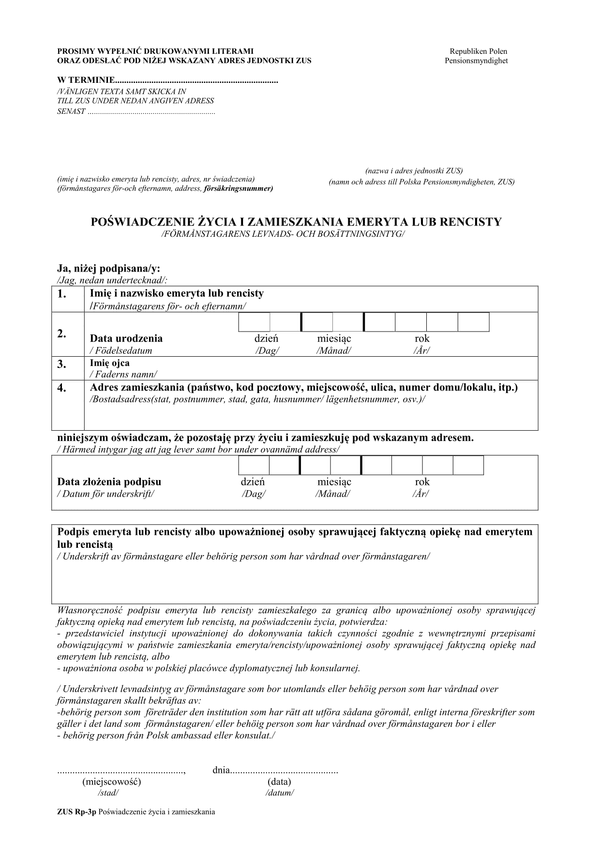 ZUS RP-3P (archiwalny) Poświadczenie życia i zamieszkania emeryta lub rencisty (w wersji polsko-szwedzkiej)