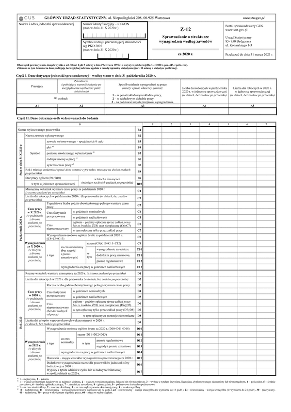 GUS Z-12 (2020) (archiwalny) Sprawozdanie o strukturze wynagrodzeń według zawodów