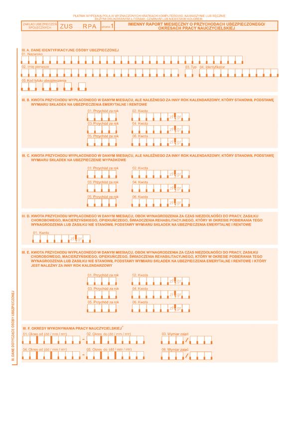 ZUS RPA zal Załącznik do Imiennego raportu miesięcznego o przychodach ubezpieczonego/okresach pracy nauczycielskiej - z wysyłką do PUE ZUS