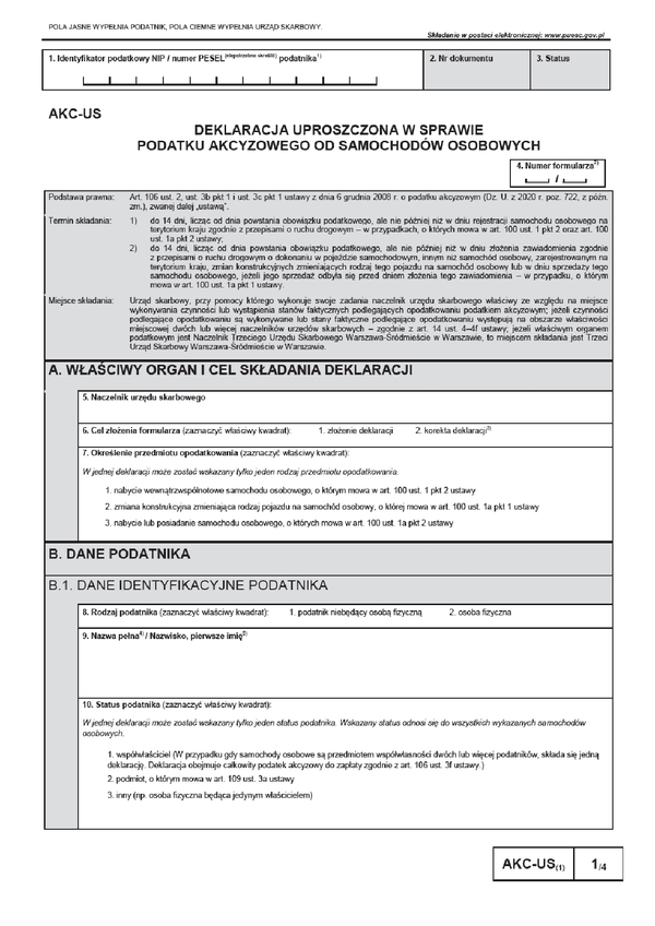 AKC-US (1) (archiwalny) Deklaracja uproszczona w sprawie podatku akcyzowego od samochodów osobowych