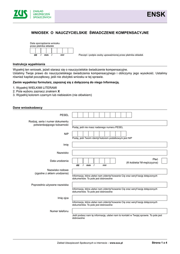 ZUS ENSK (archiwalny) Wniosek o nauczycielskie świadczenie kompensacyjne