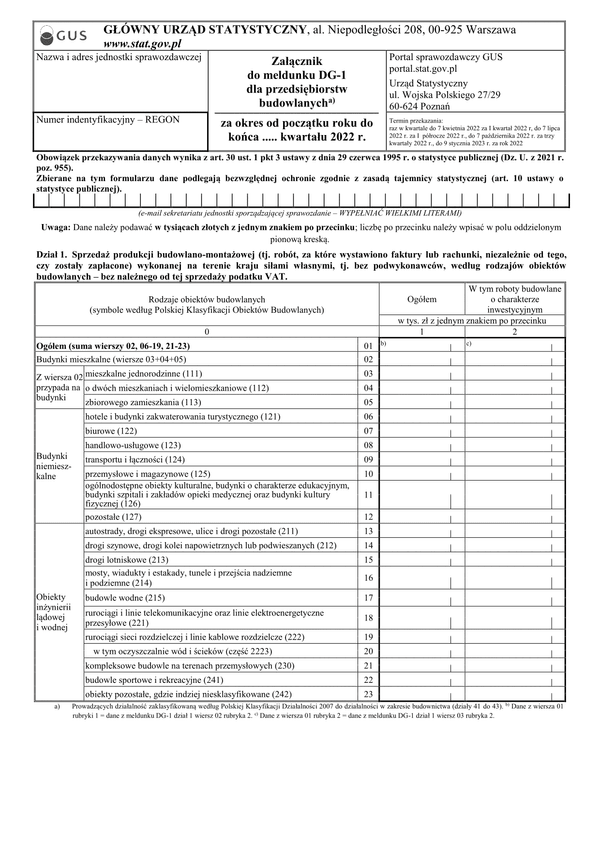 GUS DG-1 ZAŁ (2022) (archiwalny) Załącznik do meldunku DG-1 dla przedsiębiorstw budowlanych