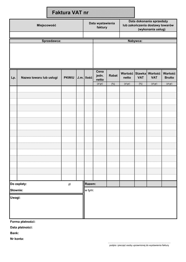 FV(n) (od 2013) (archiwalny) Faktura VAT netto (liczona od cen jednostkowych netto - 15 pozycji) 
