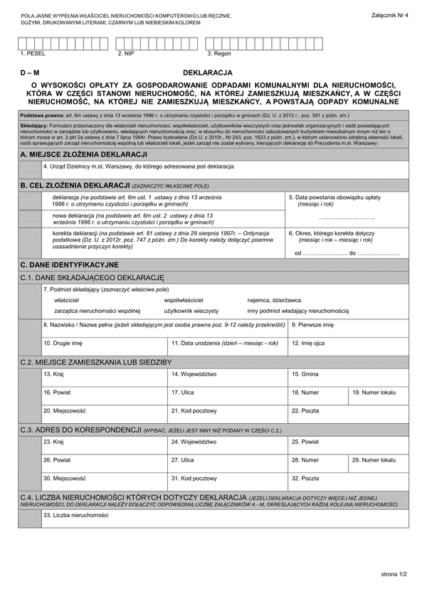 D - M (archiwalny) Deklaracja o wysokości opłaty za gospodarowanie odpadami komunalnymi, która w części stanowi nieruchomość zamieszkałą, a w części nieruchomość niezamieszkałą - Warszawa