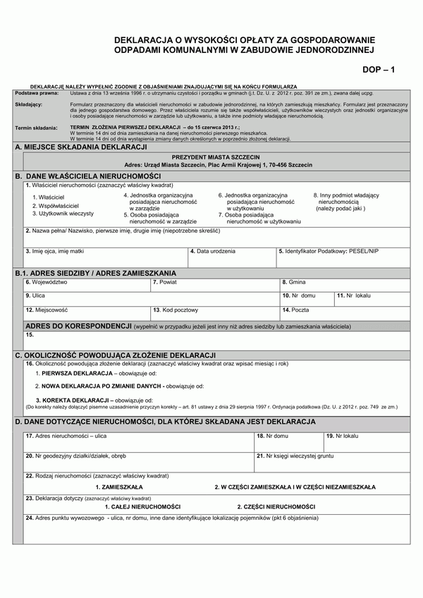 DOP-1 (archiwalny) Deklaracja o wysokości opłaty za gospodarowanie odpadami komunalnymi (zabudowa jednorodzinna) - Szczecin