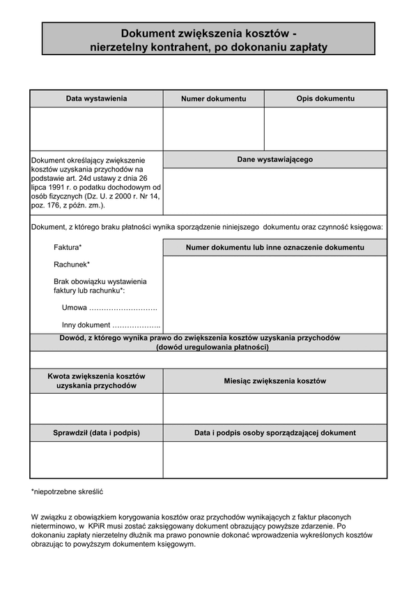 DZwK Dokument zwiększenia kosztów - nierzetelny kontrahent, po dokonaniu zapłaty