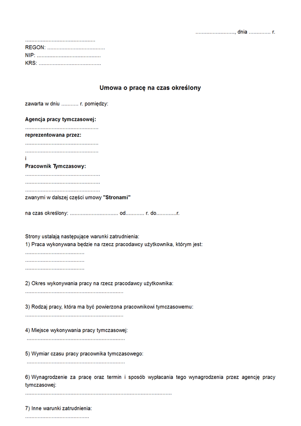 UPCO (archiwalny) Umowa o pracę na czas określony (Agencja pracy tymczasowej)