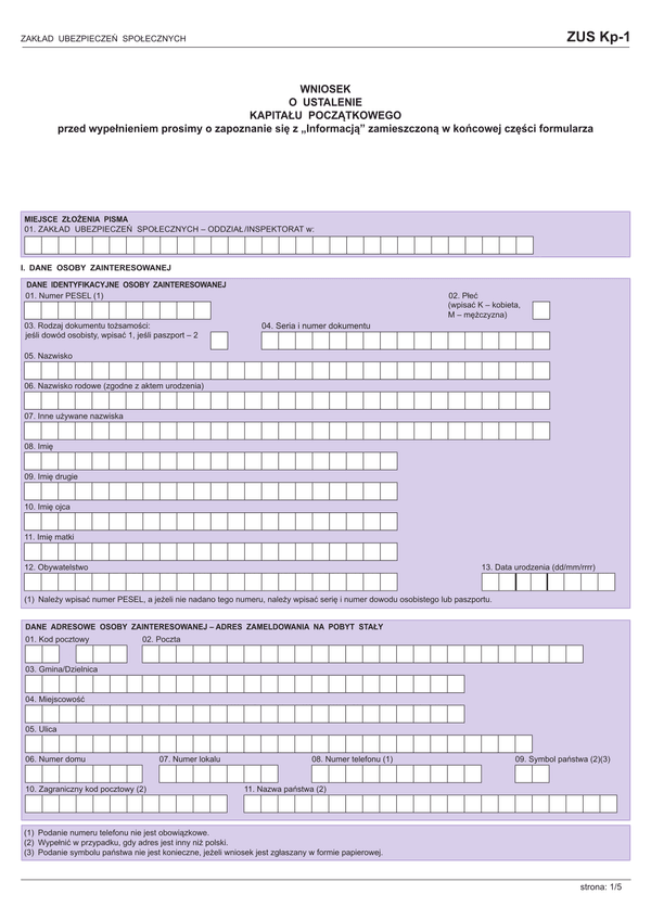 ZUS KP-1 (archiwalny) Wniosek o ustalenie kapitału początkowego