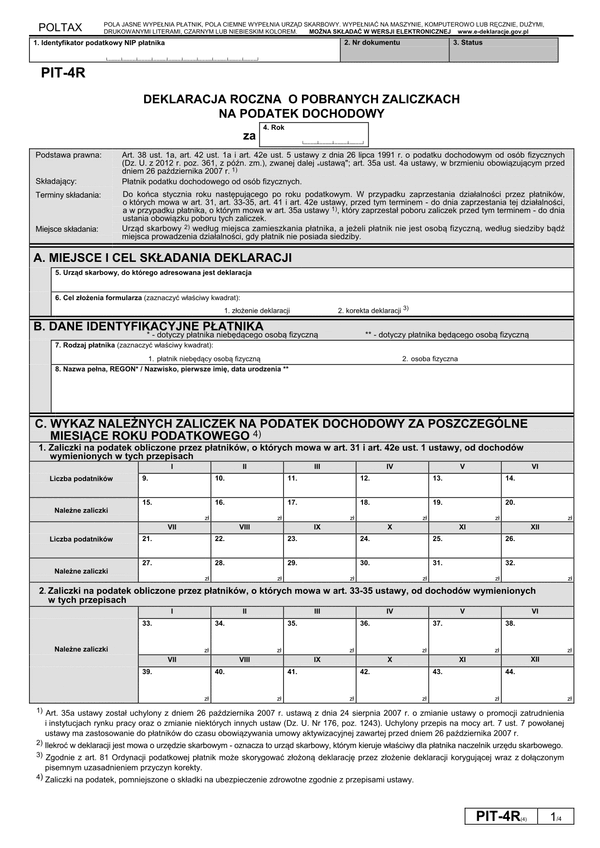 PIT-4R (4) (2013) (archiwalny) Deklaracja roczna o pobranych zaliczkach na podatek dochodowy