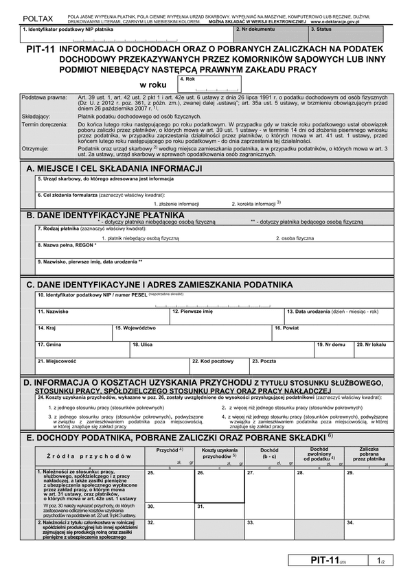 PIT-11K (20) (2013) (archiwalny) Informacja o dochodach oraz o pobranych zaliczkach na podatek dochodowy przekazywanych przez komorników sądowych lub inny podmiot niebędący następcą prawnym zakładu pracy