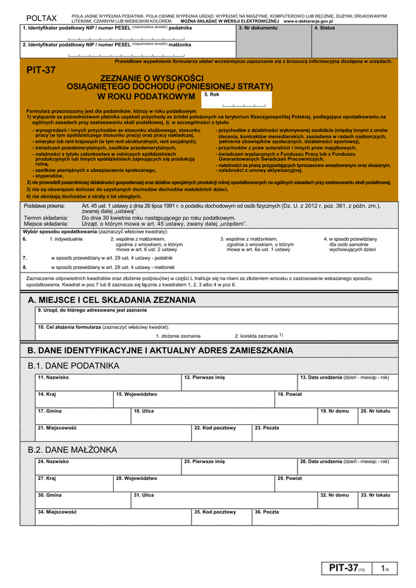 PIT-37 (19) (2013) (archiwalny) Zeznanie o wysokości osiągniętego dochodu (poniesionej straty) w roku podatkowym