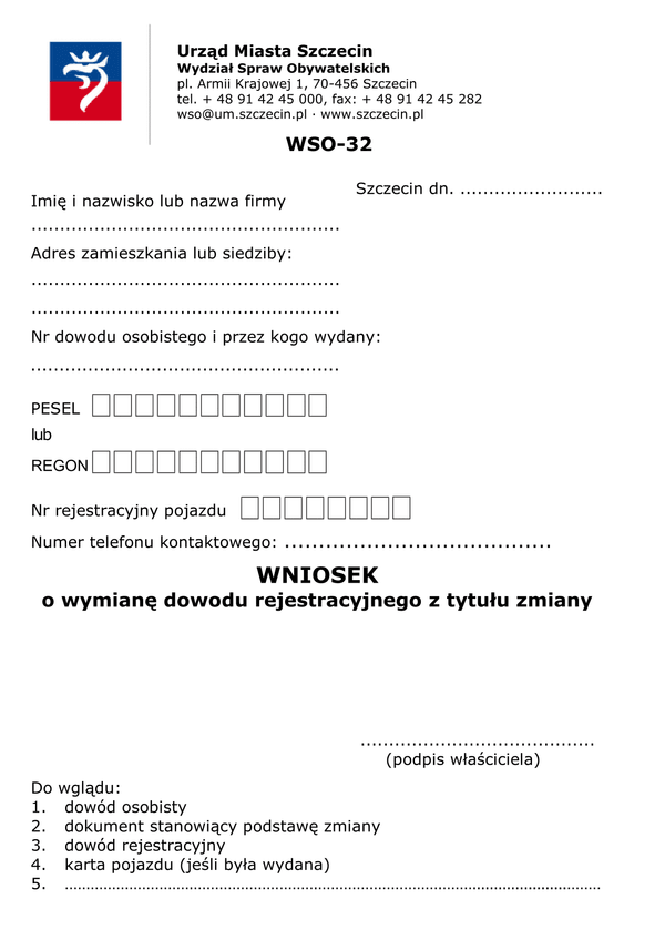 WoWDR-Sz Wniosek o wymianę dowodu rejestracyjnego Szczecin