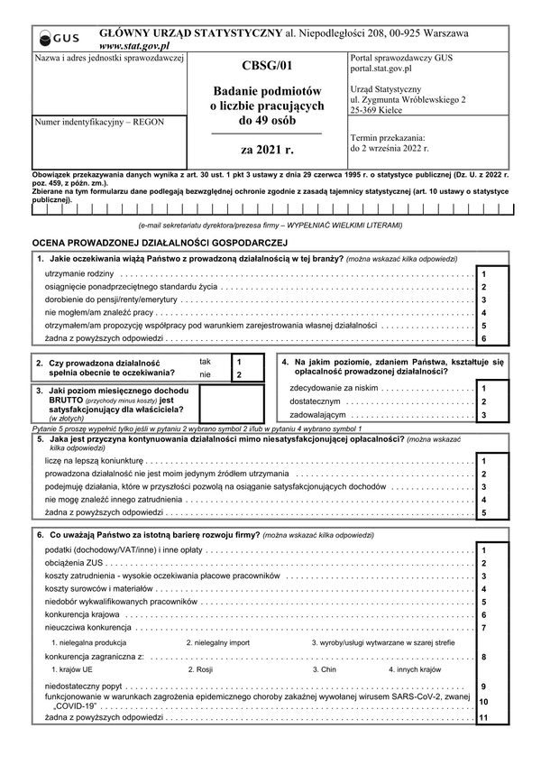 GUS CBSG/01 (archiwalny) Badanie podmiotów o liczbie pracujących do 49 osób (2021)