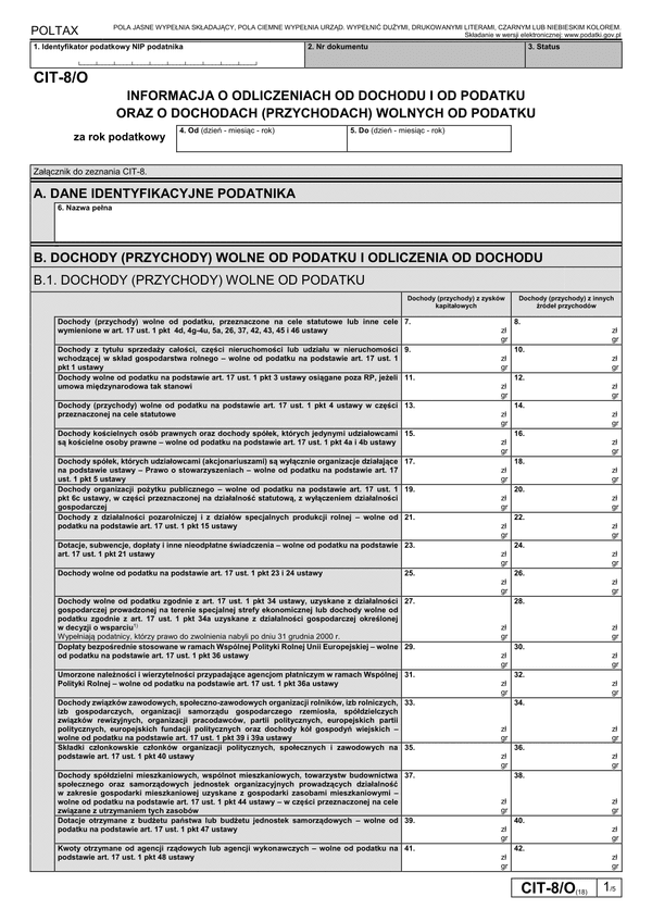 CIT-8/O (18) (archiwalny) Informacja o odliczeniach od dochodu i od podatku oraz o dochodach wolnych i zwolnionych od podatku